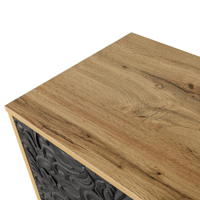 Black Carved Symmetrical Design Door And Wood Coloured Frame TV Stand by HouseOfZazla