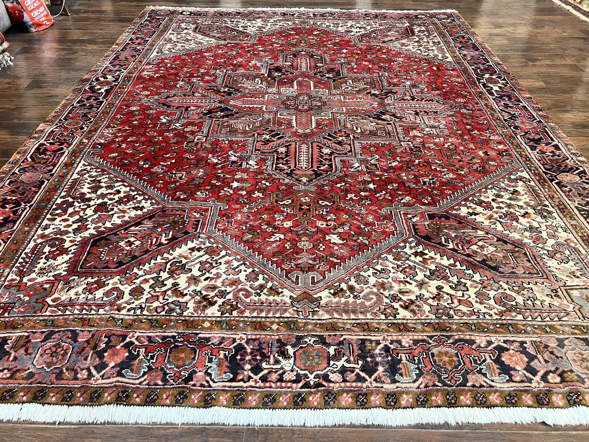 Large Persian Heriz Rug 10x13, Wool Hand Knotted Antique Carpet, Red and Ivory, Geometric Tribal Room Sized Rug, Decorative Oriental Rug by Jewel Rugs