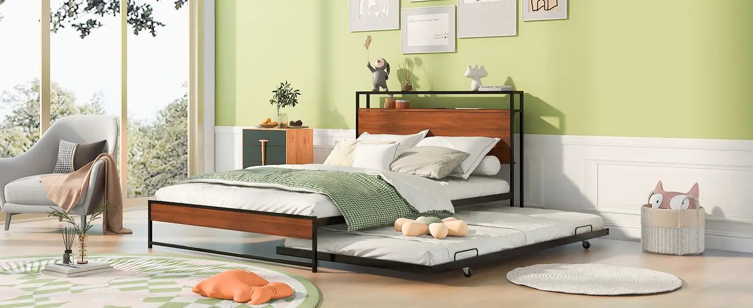 Platform Bed Frame With Trundle, USB Ports And Slat Support, No Box Spring Needed by HouseOfZazla
