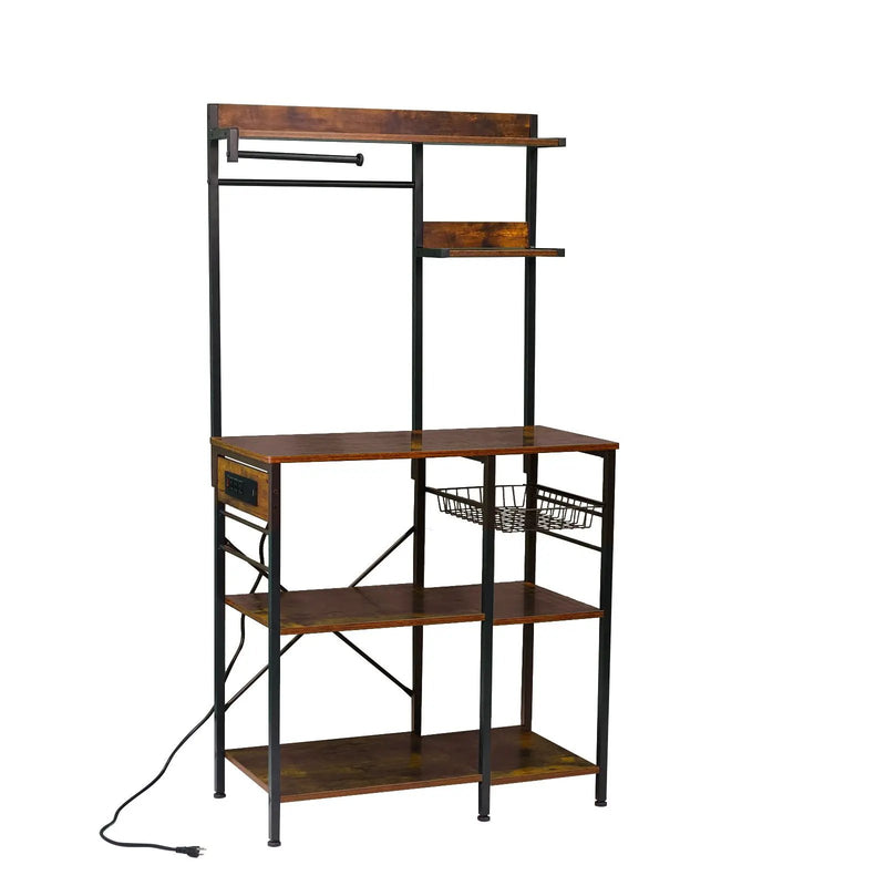 Bakers Rack With Power Outlet, Coffee Bar With S-Shaped Hooks, Kitchen Shelf With Wire Basket - Black / Brown by HouseOfZazla