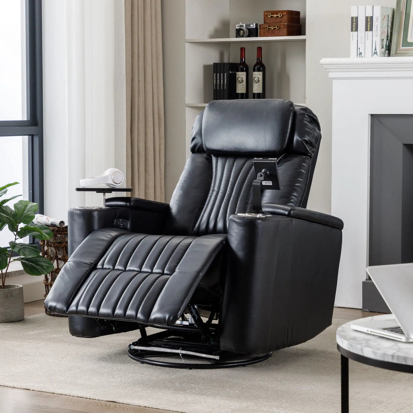 270° Power Swivel Recliner Home Theater Chair With Hidden Arm Storage, LED Light, Cup Holder, And Tray Table by Unique Piece Furniture