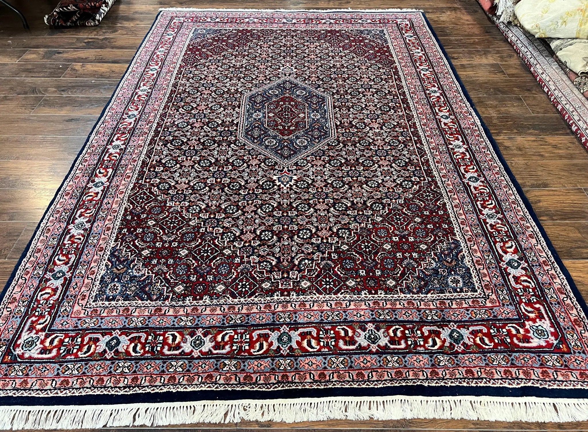 Indo Persian Rug 7x10, Dark Blue and Red Hand Knotted Wool Vintage Oriental Carpet 7 x 10 ft, Handmade Bidjar Rug, Herati Pattern Indian Rug by Jewel Rugs
