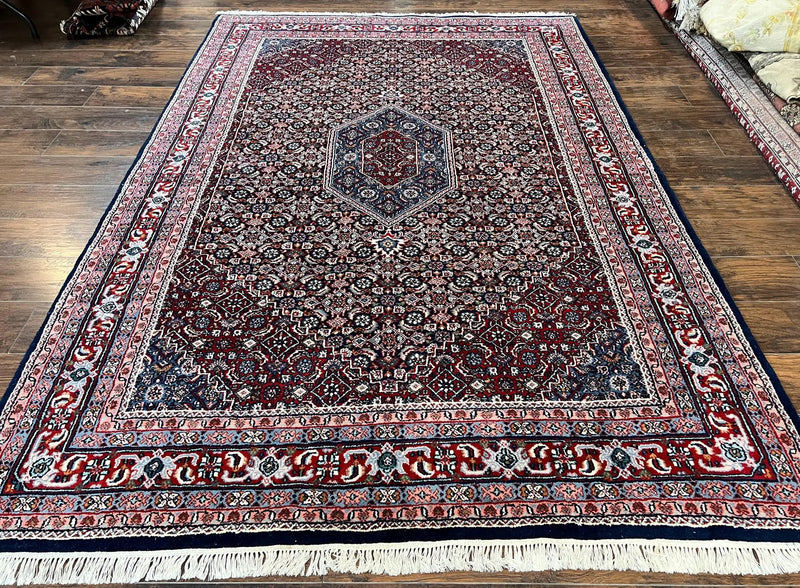 Indo Persian Rug 7x10, Dark Blue and Red Hand Knotted Wool Vintage Oriental Carpet 7 x 10 ft, Handmade Bidjar Rug, Herati Pattern Indian Rug by Jewel Rugs