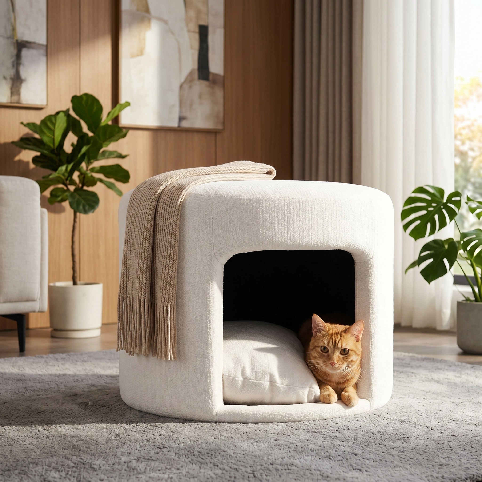 Beige Pet-Friendly Ottoman with Removable Pet Cushion and Hidden Nook by HouseOfZazla