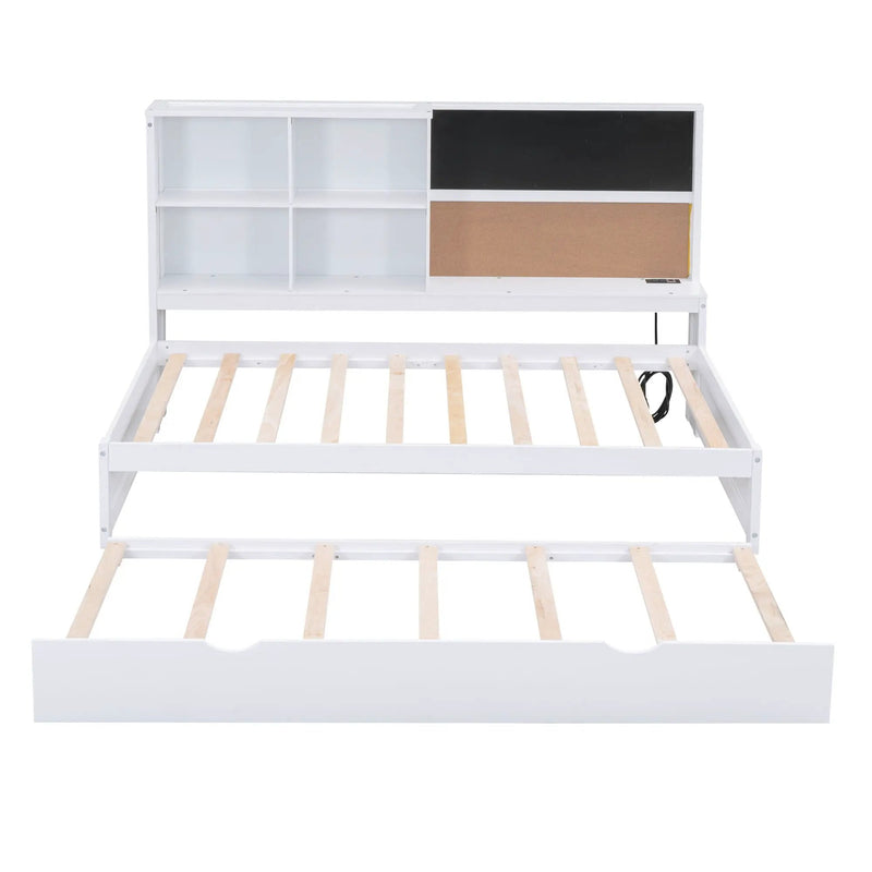 Twin Size Daybed With Storage Shelvesboard, Cork Board, USB Ports And Trundle - White by HouseOfZazla