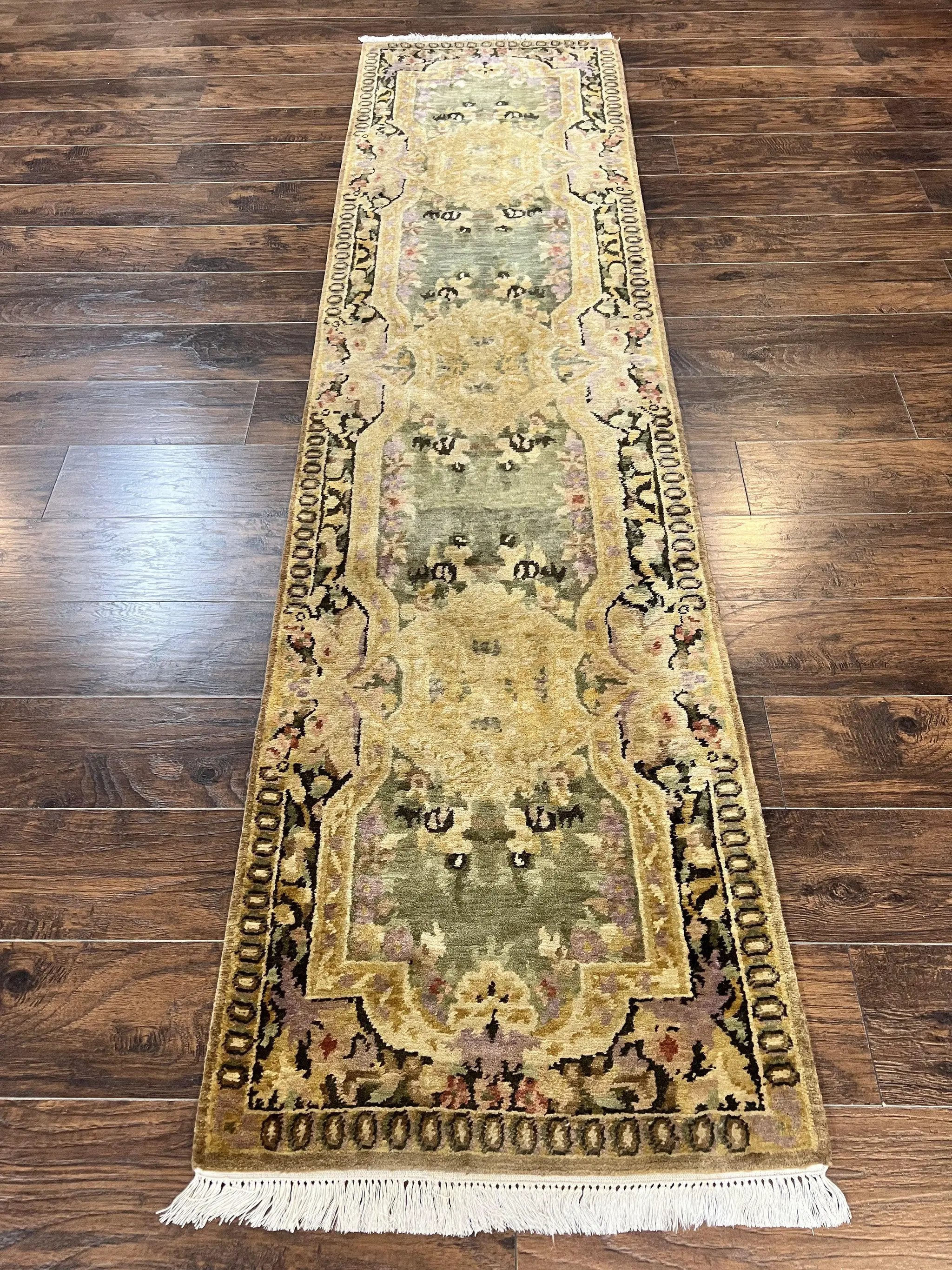 Tibetan Runner Rug 2.6 x 10, French Aubusson Pattern, Gold Olive Green, Vintage Handmade European Design, Wool Hallway Rug by Jewel Rugs