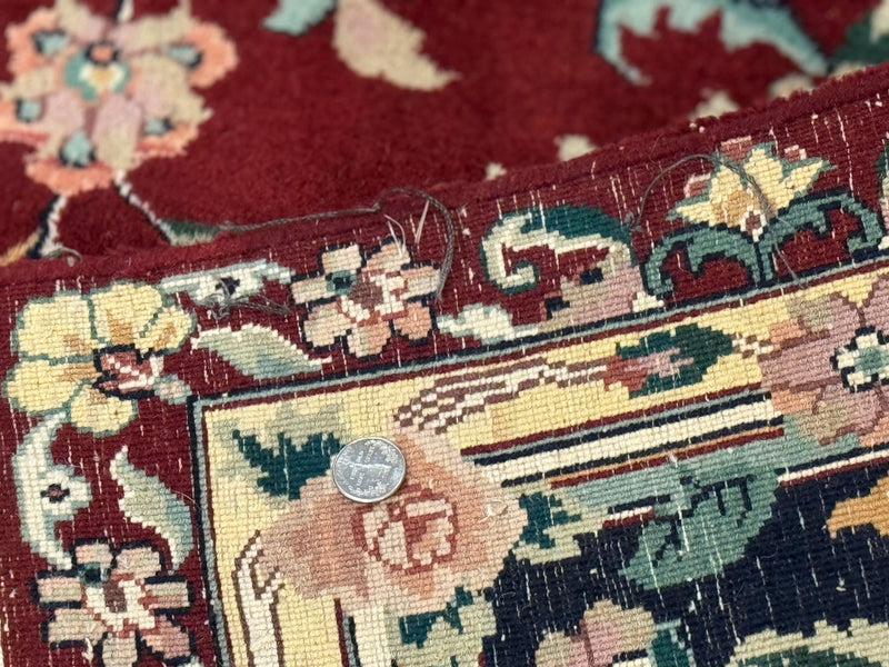 Indo Persian Rug 8x10, Floral Allover with Bird Pictorials, Maroon and Navy Blue, Handmade Wool Area Rug by Jewel Rugs