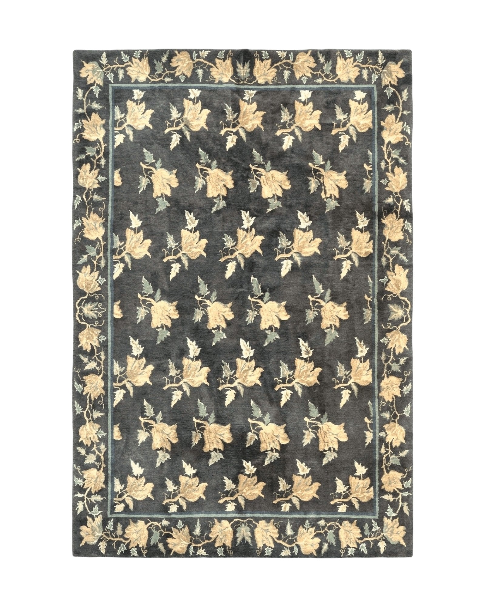 Tibetan Nepal Rug 6x9, Wool Hand Knotted Vintage Carpet 6 x 9, Dark Green & Golden Yellow, Floral Bouquets by Jewel Rugs
