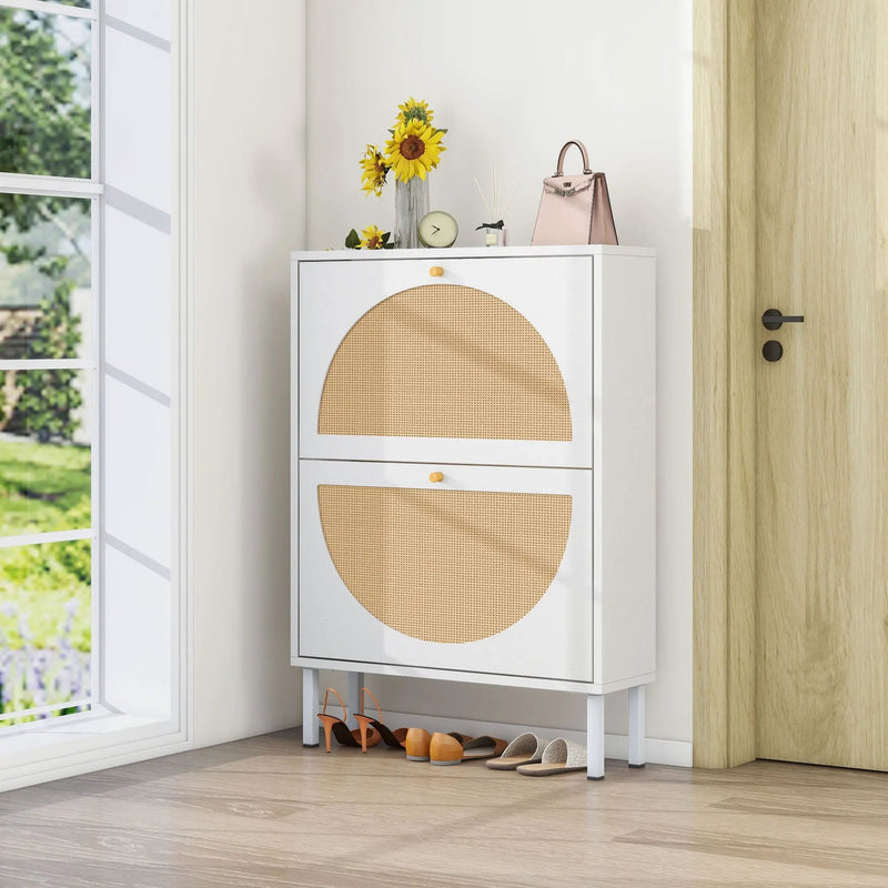 2 Door Shoe Rack, Rattan, Double Layer, Suitable For Living Room, Hallway - White by HouseOfZazla