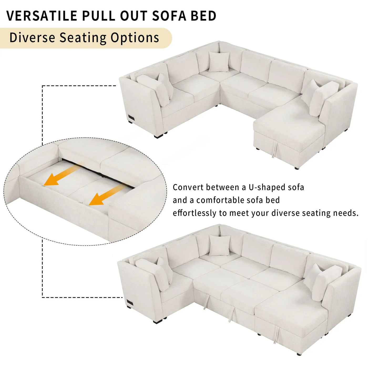 U-Shaped Sectional Sofa Pull Out Sofa Bed With Two USB Ports, Two Power Sockets, Three Back Pillows And A Storage Chaise For Living Room by Unique Piece Furniture