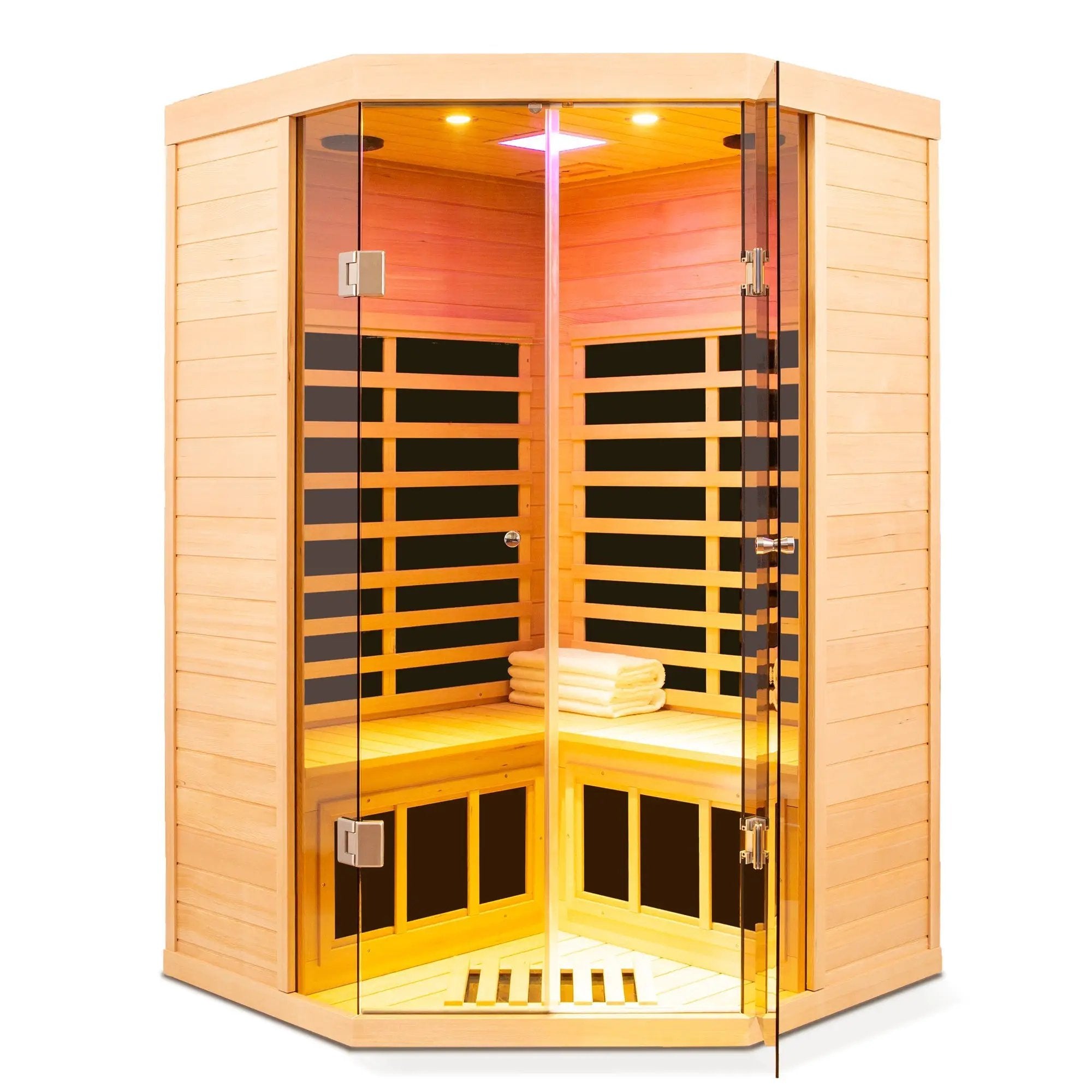 Deluxe Hemlock Far Infrared Corner Sauna Room with Glass Front for Two Persons by HouseOfZazla