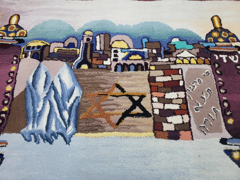 Vintage Judaica Pictorial Rug 3x5, Wool Hand-Tufted Israeli Signed Rug, Jerusalem Rug, Star of David Torah Scroll Verses, Chanuka Gift by Jewel Rugs
