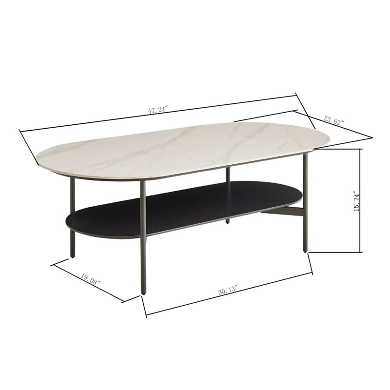 Contemporary Coffee Table Sintered Stone Surface With Ceramic Finish Double Layer Design Base Matte Shelf Modern Living Room Center Table - White / Gray by Unique Piece Furniture