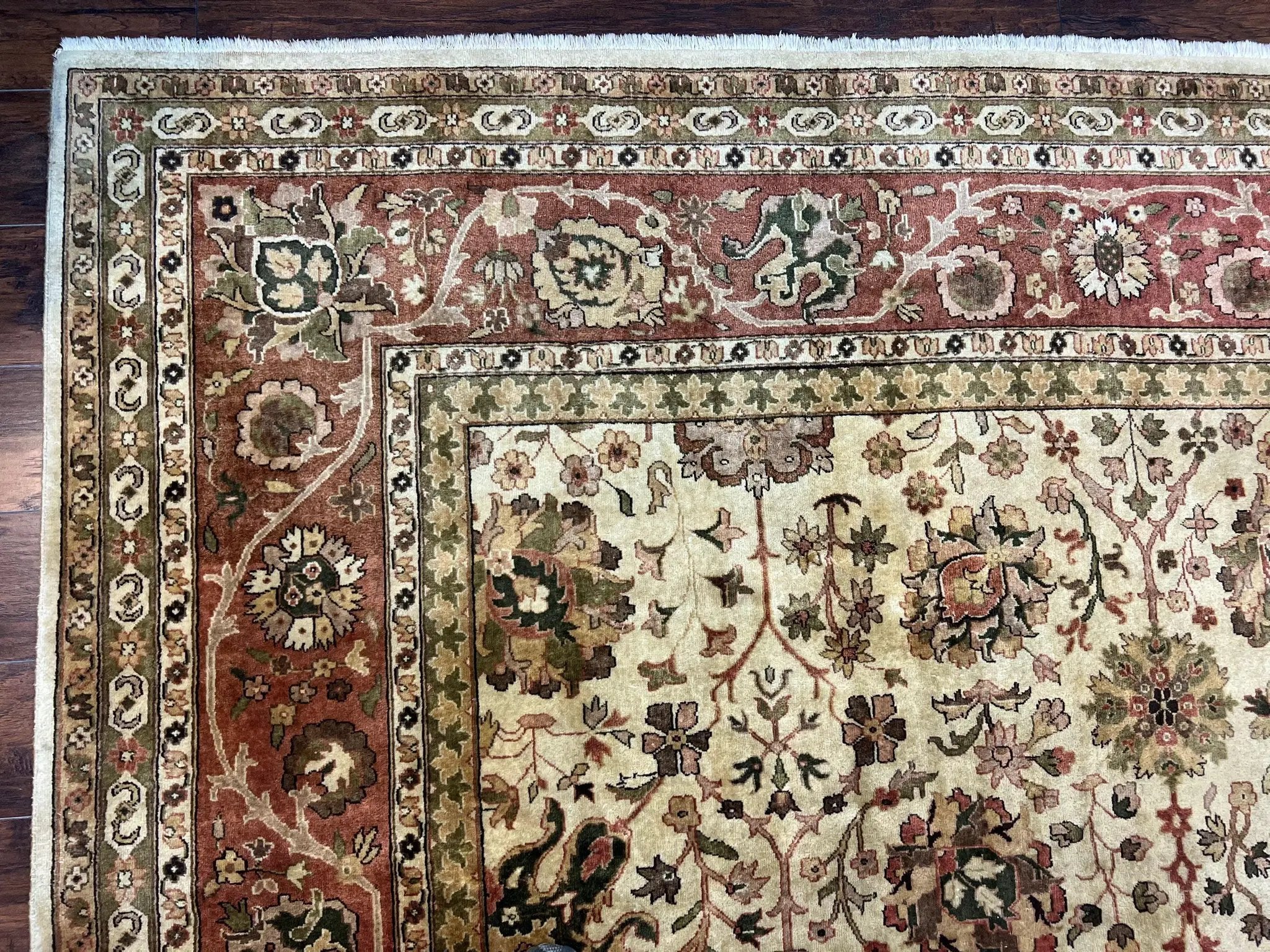 Large Indian Rug 10x14, Hand Knotted Indo Persian Gandehar Oriental Carpet, Vintage Wool Rug 10 x 14 ft Cream Red Floral Allover Traditional by Jewel Rugs