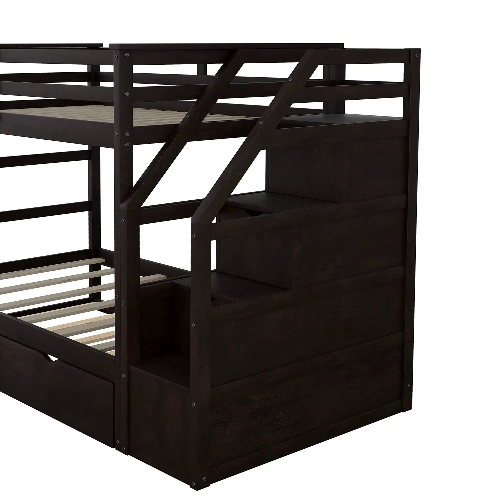 Twin Over Twin Bunk Bed With Twin Size Trundle And 3 Storage Stairs - Espresso by HouseOfZazla