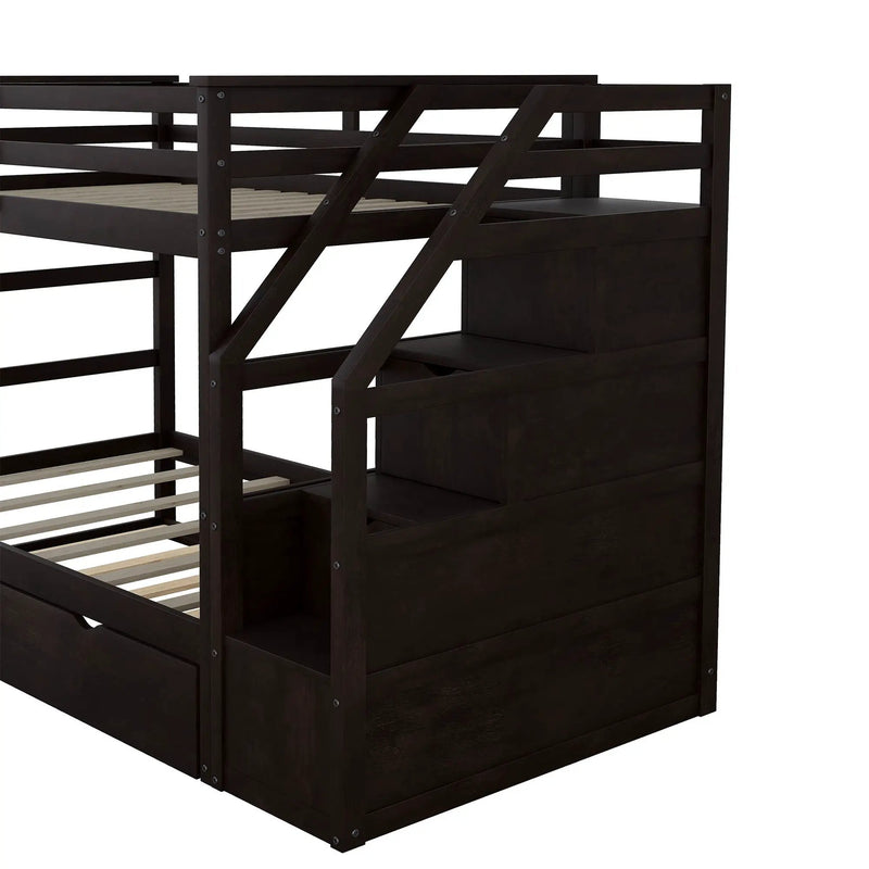 Twin Over Twin Bunk Bed With Twin Size Trundle And 3 Storage Stairs - Espresso by HouseOfZazla