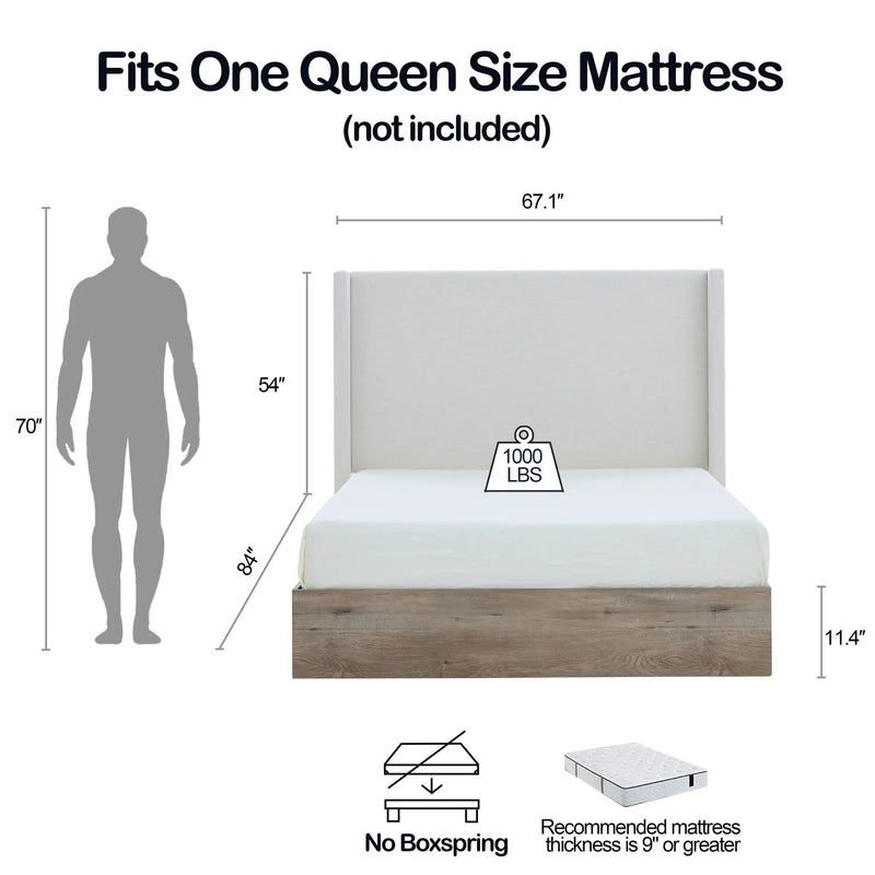 Shelton - Queen Upholstered Wingback Bed With 54" High Headboard - Ivory / Light Gray / Camel Oak by Unique Piece Furniture