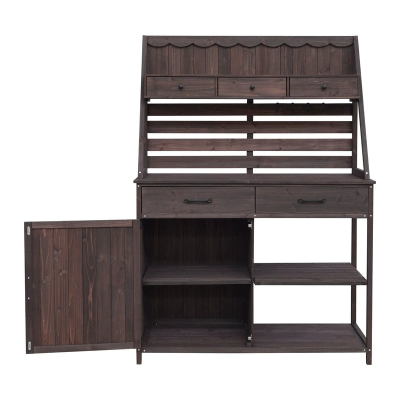 Potting Bench With 5 Drawer Storage And Slatted Back Panel, Garden Workstation - Brown by HouseOfZazla