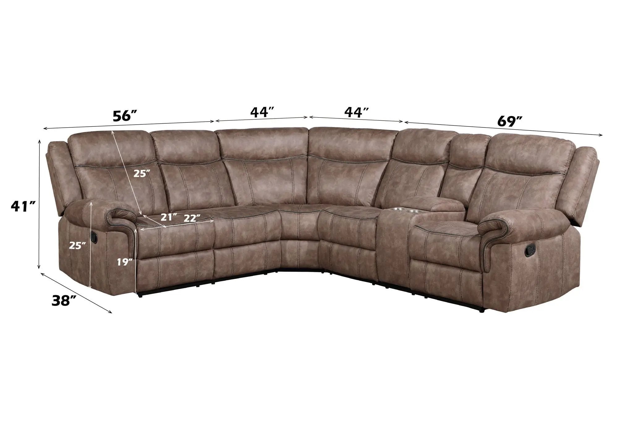 Dollum - Two Tone Nubuck Manual Recliner Sectional Sofa With USB Port Cupholder Console by HouseOfZazla