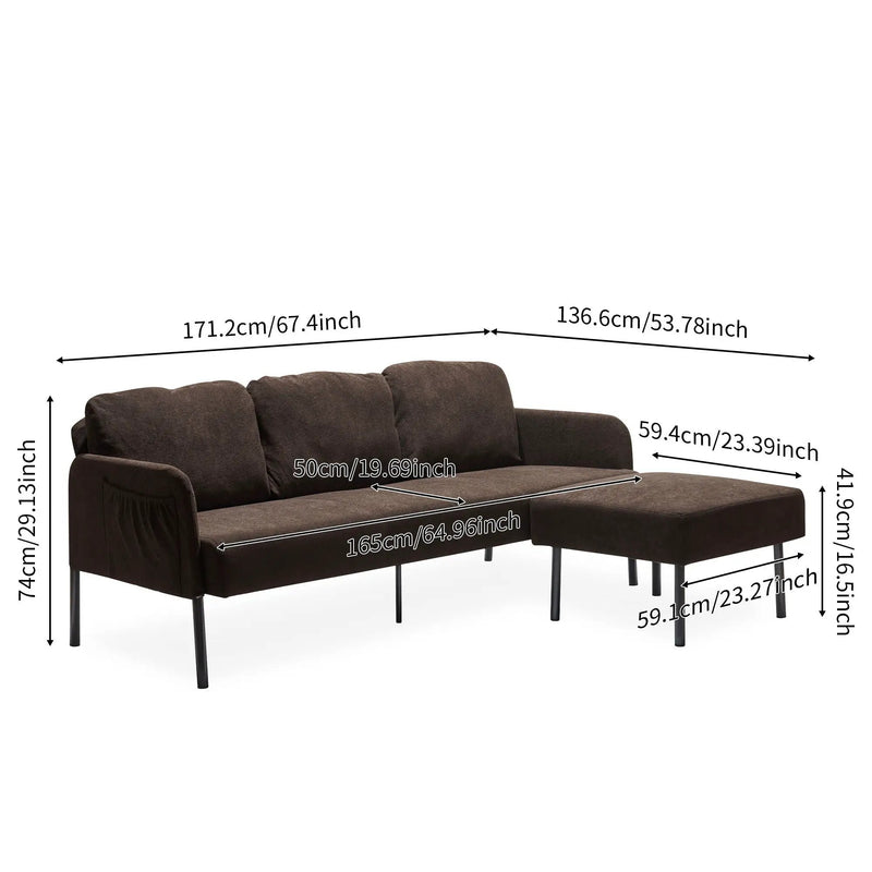 Modern L Shaped 3 Seater Sofa With Ottoman, Upholstered Couch For Small Spaces by Unique Piece Furniture