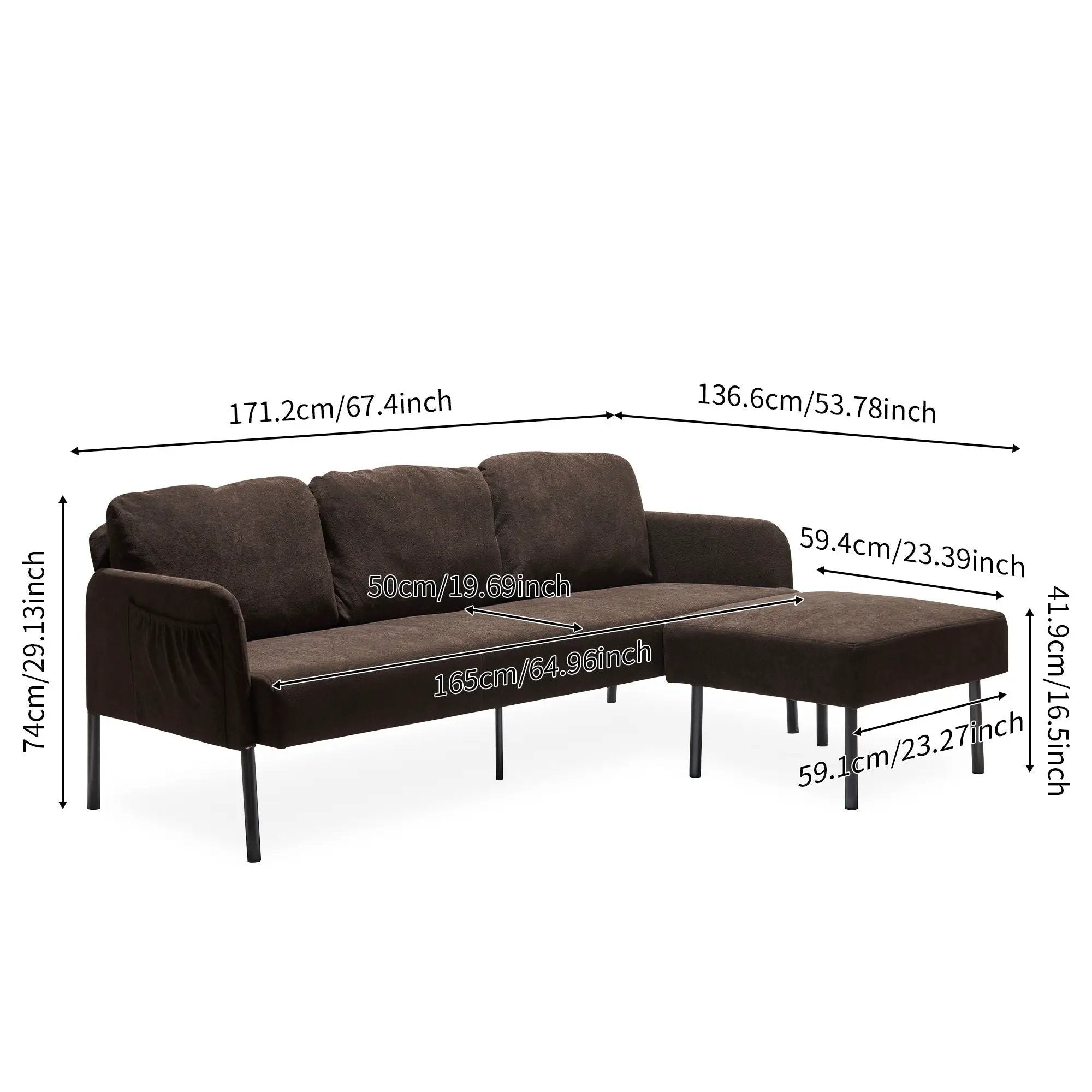 Modern L Shaped 3 Seater Sofa With Ottoman, Upholstered Couch For Small Spaces by HouseOfZazla
