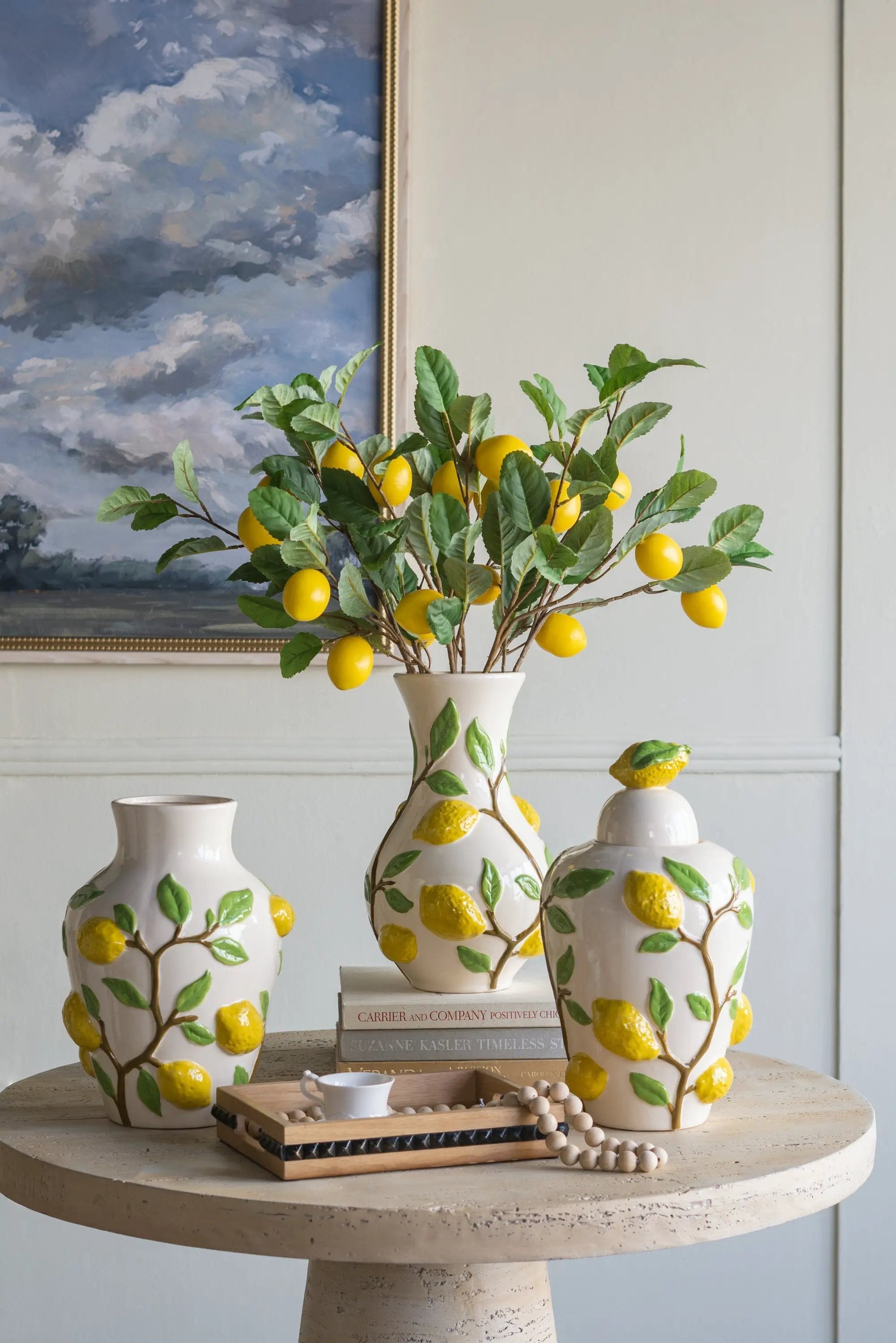 8.7x8.7x15' White Ceramic Lidded Jar with Playful Lemon Design by HouseOfZazla
