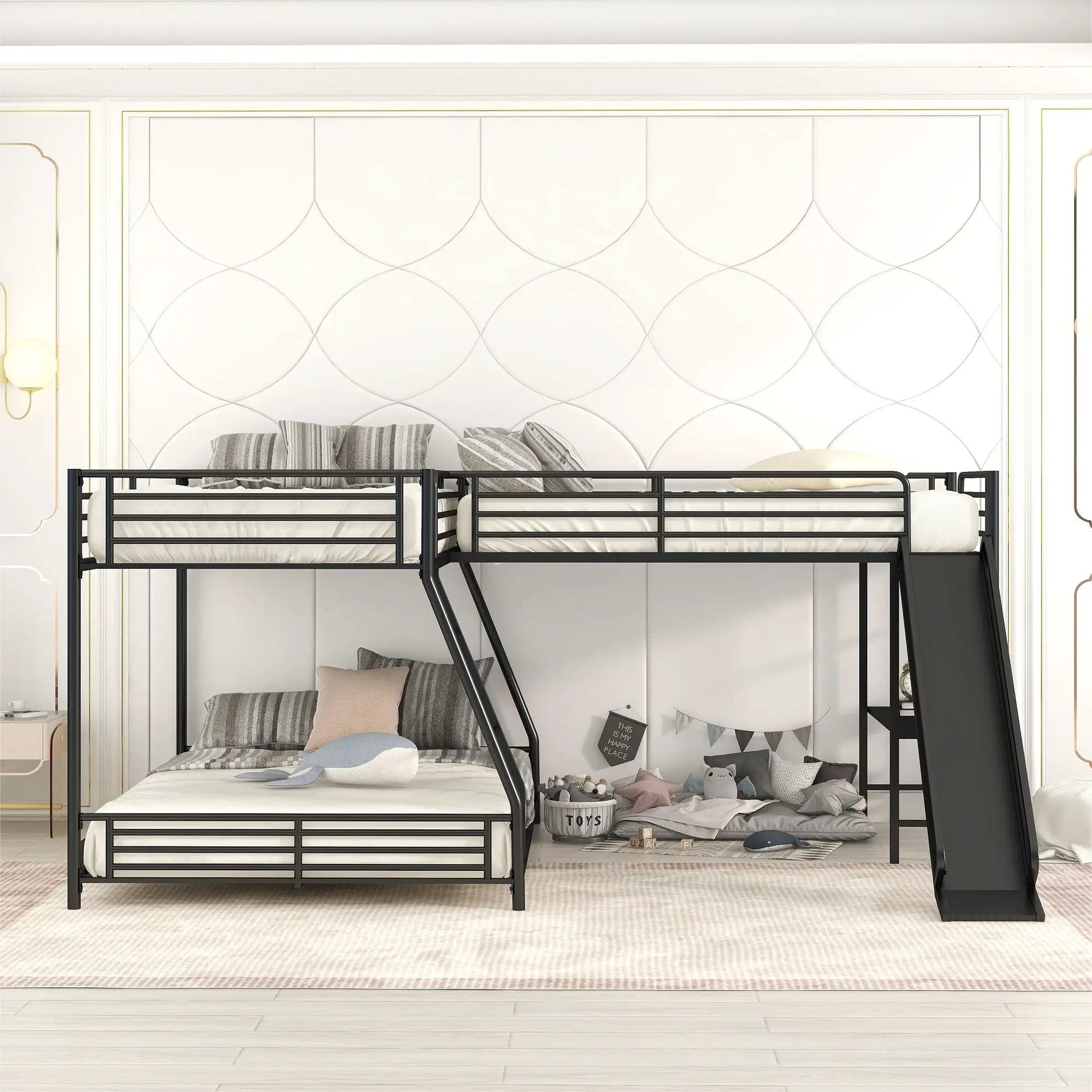 L-Shaped Twin Over Full Bunk Bed With Twin Loft, Built In Desk And Slide - Black by Unique Piece Furniture