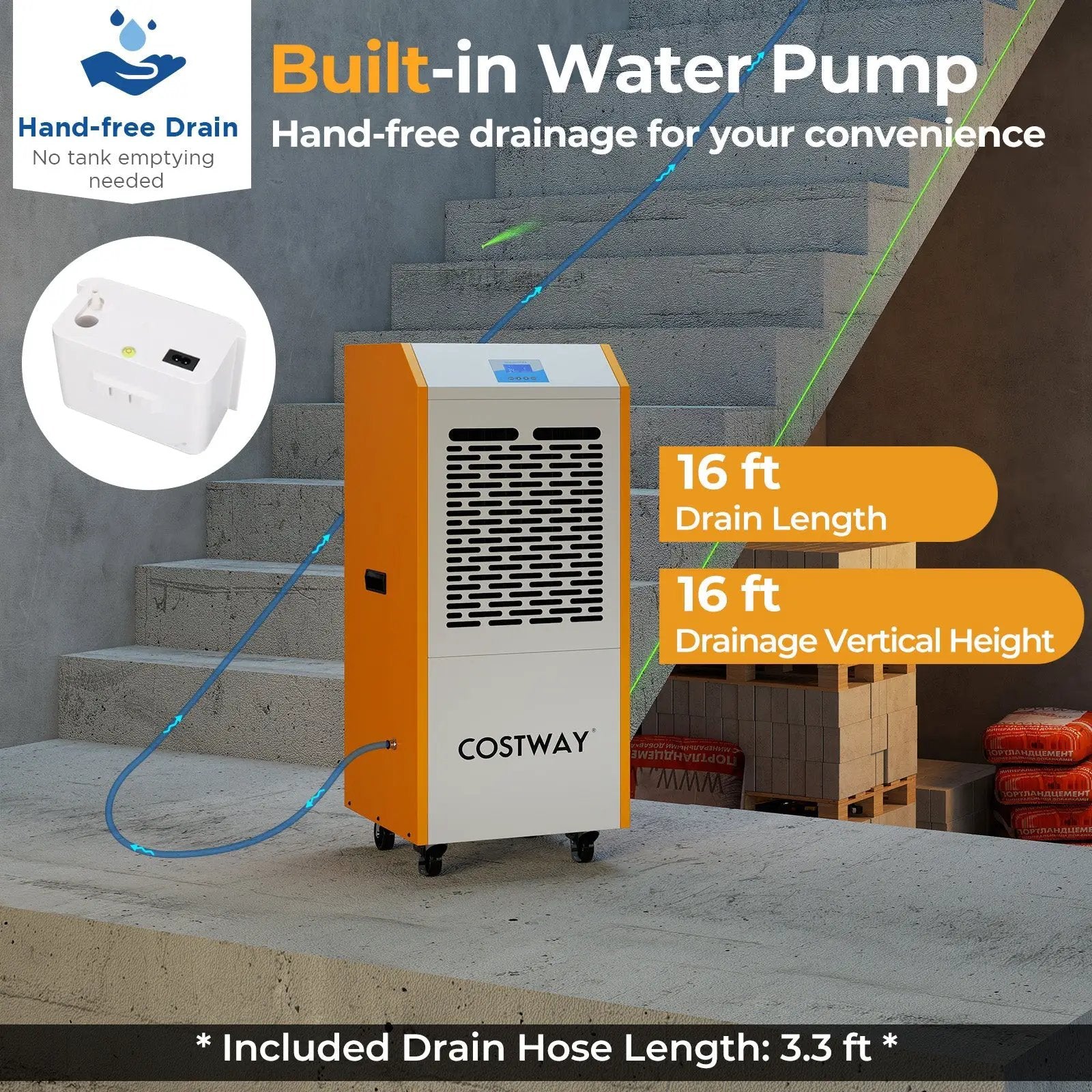 290 Pints Commercial Dehumidifier with Pump and Drain Hose for Basement Warehouse-Yellow by DirectDeals