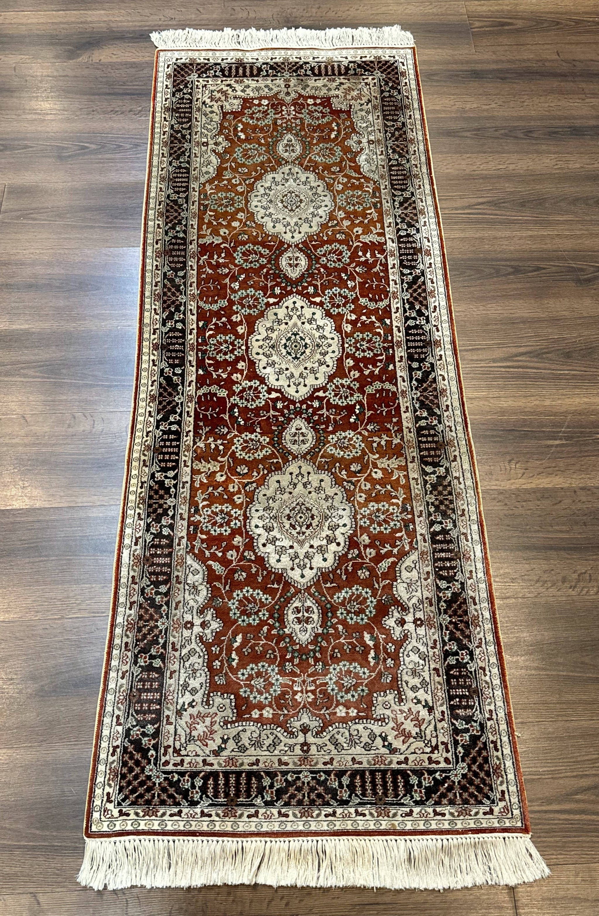 Turkish Silk Narrow Runner Rug 2 x 5.8, Very Fine 340 KPSI, Floral Medallions, Red by Jewel Rugs