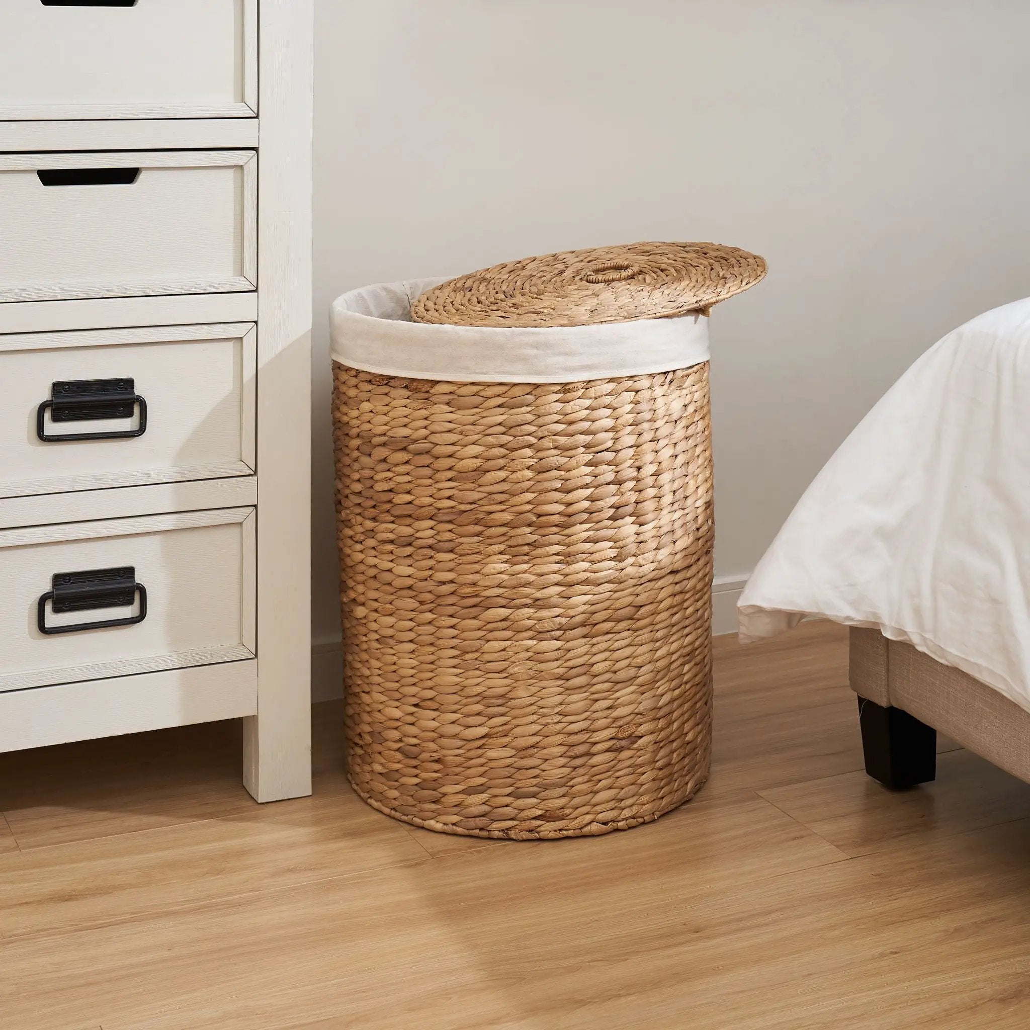 Round Tall Water Hyacinth Woven Wicker Laundry Hamper With Lid - For Clothes, Toys And Book Storage With Removable Liner - 15" X 15" X 20" - Natural Brown by HouseOfZazla