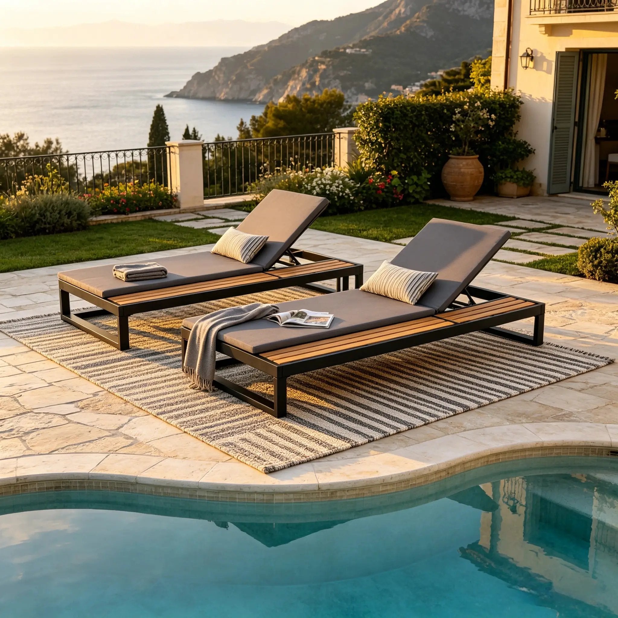 Black Iron & Teak Finish Chaise Lounge Set by HouseOfZazla