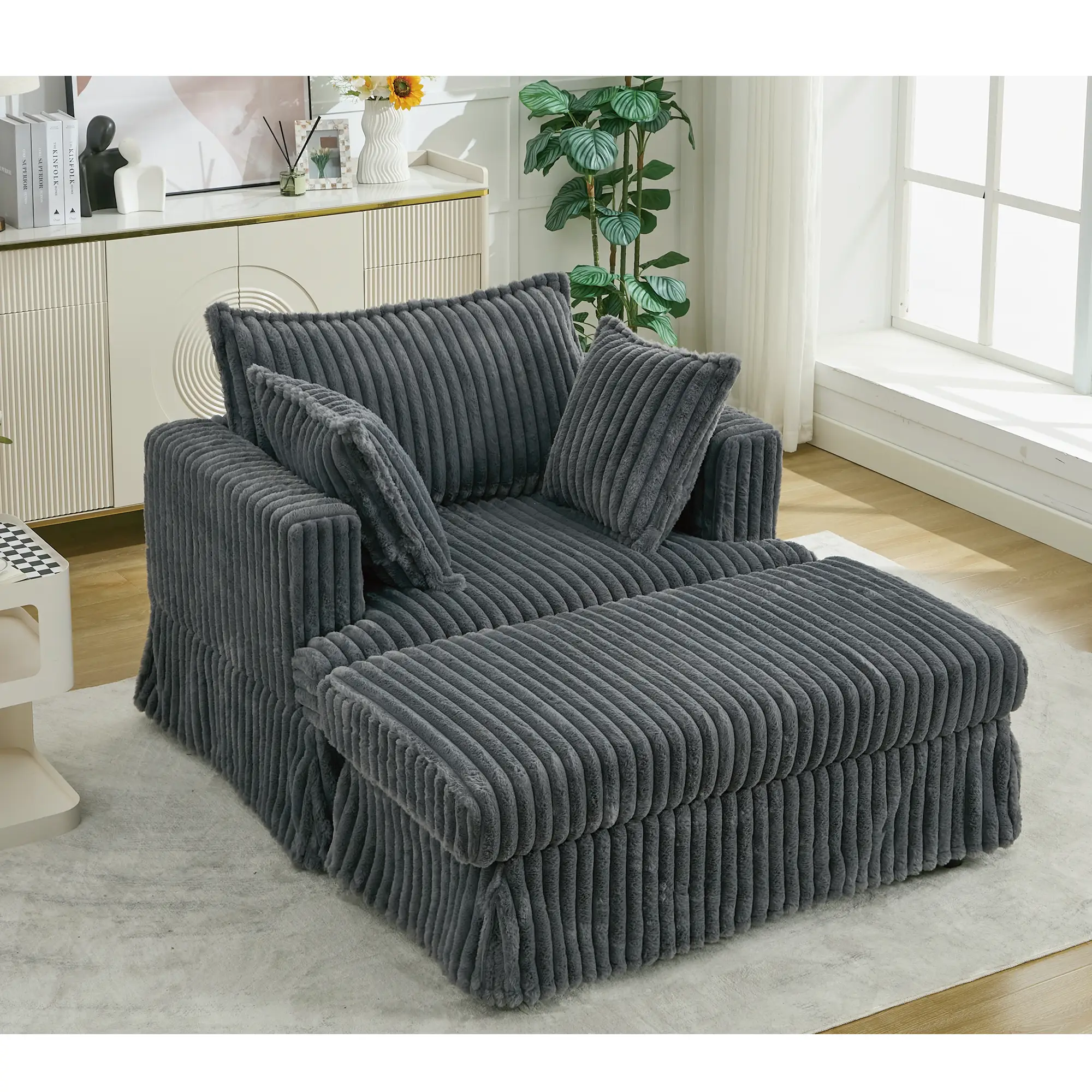 Oversized Corduroy Chaise Lounge with Ottoman in Dark Gray by HouseOfZazla