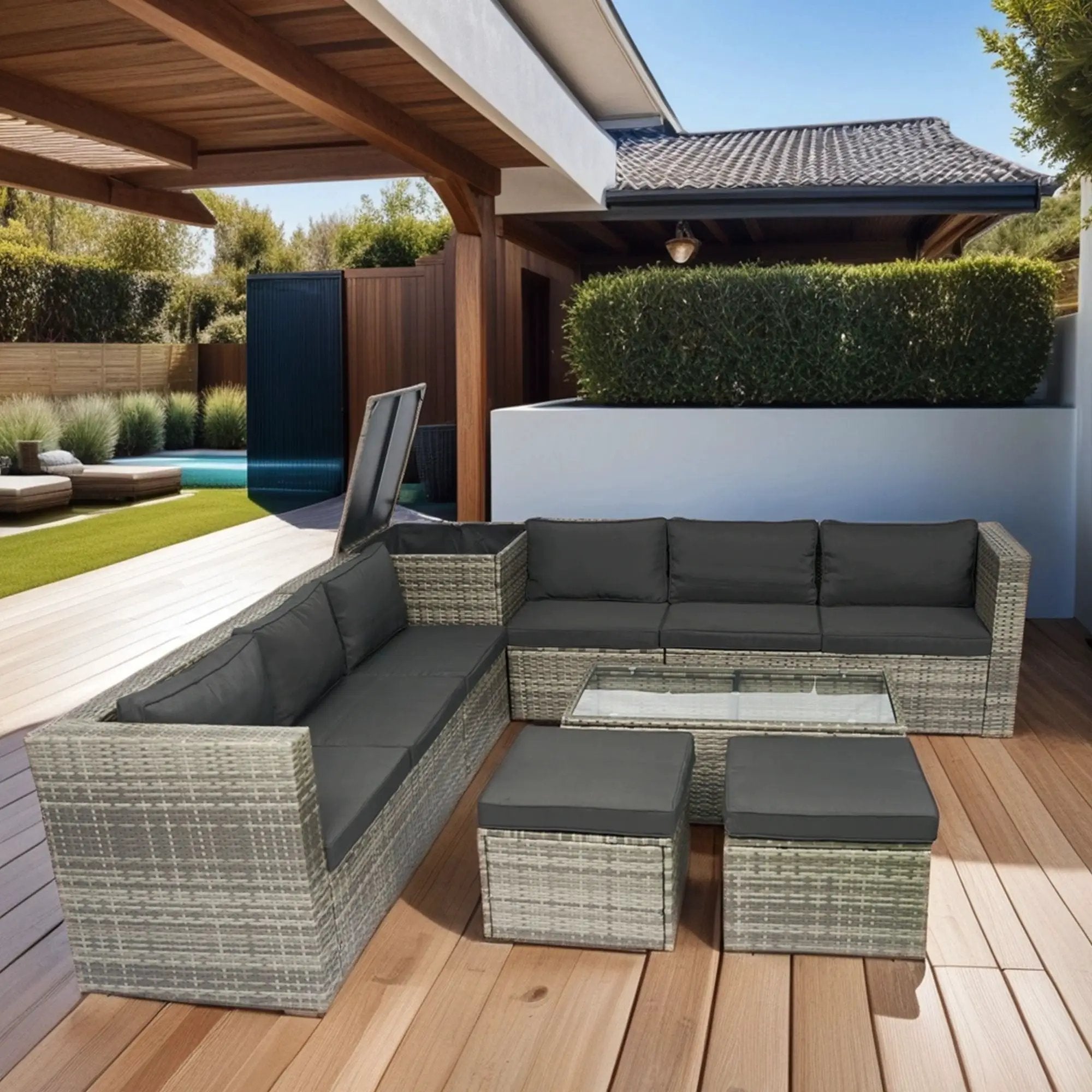 8 Piece Patio Sectional Wicker Rattan Outdoor Furniture Sof Set With One Storage Box Under Seat And Cushion Box - Gray / Black by HouseOfZazla