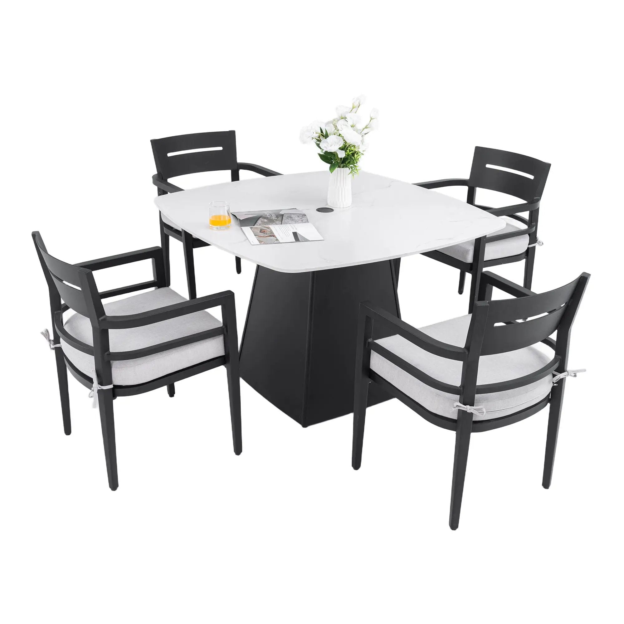 Outdoor Patio Dining Set, Squircle Dining Table, Dining Chairs With Sunbrella Cushions by Unique Piece Furniture
