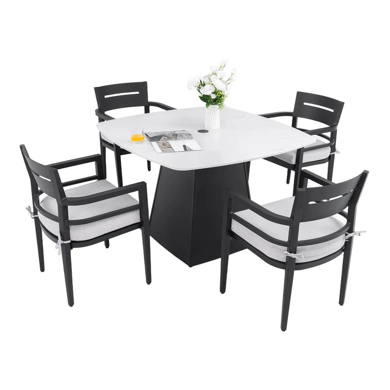 Outdoor Patio Dining Set, Squircle Dining Table, Dining Chairs With Sunbrella Cushions by HouseOfZazla