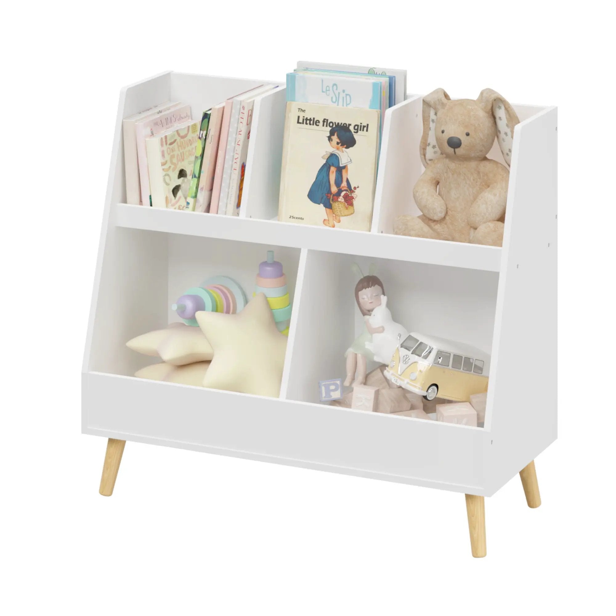 Kids Bookshelf And Toy Organizer, 5 Cubbies Wooden Open Bookcase, 2-Tier Baby Storage Display Organizer With Legs, Free Standing For Playing Room, Bedroom, Nursery, Classroom - White by Unique Piece Furniture