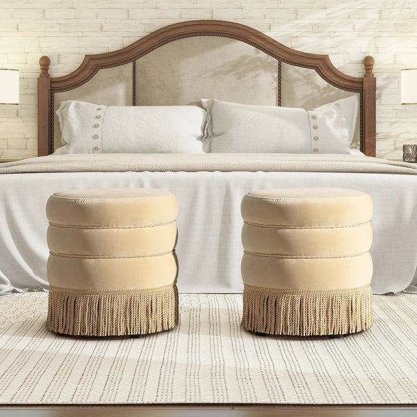 Edward 17.5" Round Upholstered Ottoman with Bullion Fringe
