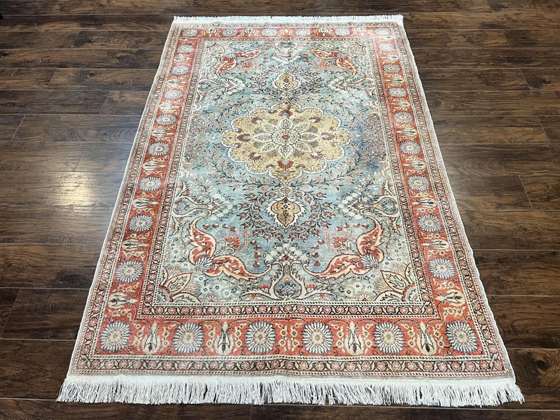 Silk Turkish Rug 5x7, Light Blue Silk Carpet, Floral Medallion, Turkish Kayseri Rug, Vintage Handmade Oriental Rug by Jewel Rugs