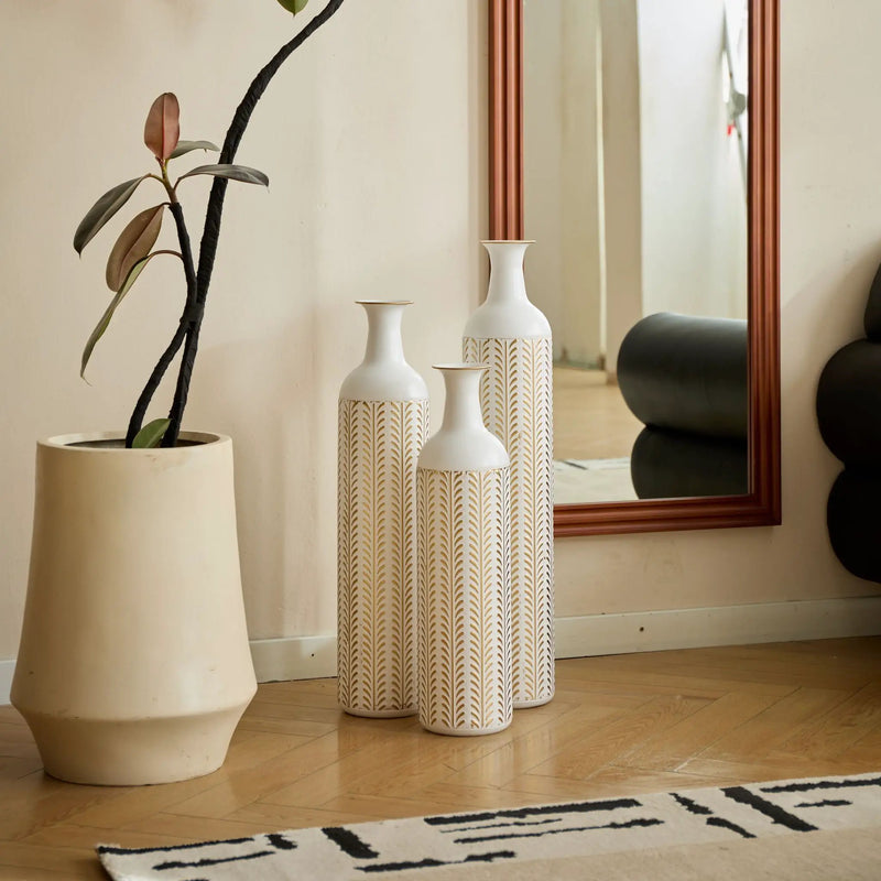 Floor Metal Vase Modern Style Decoration Home Metal Vase 3 Piece Set Gorgeous Home Decoration Large Glazed Metal Vase - Gold / White by Unique Piece Furniture