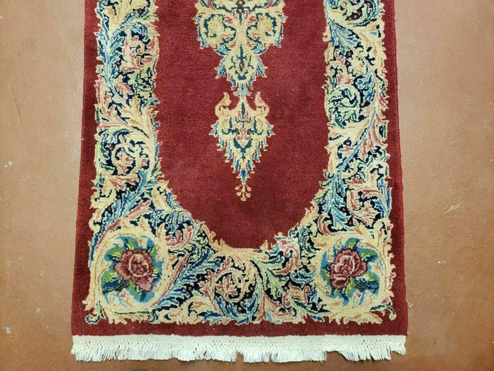 Small Persian Kirman Rug 2x4, Wool Oriental Vintage Handmade Carpet, Hand Knotted Floral Medallion, Red & Beige, Semi Open Field by Jewel Rugs