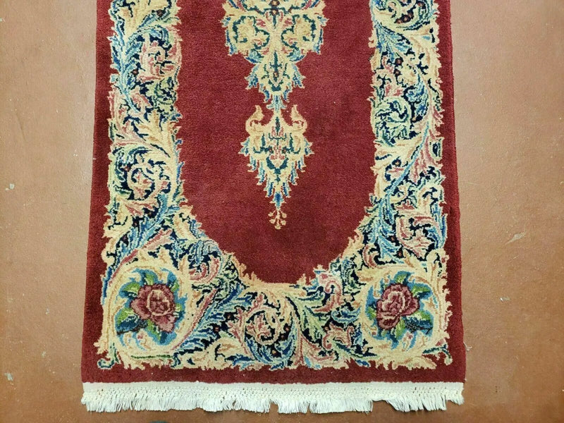 Small Persian Kirman Rug 2x4, Wool Oriental Vintage Handmade Carpet, Hand Knotted Floral Medallion, Red & Beige, Semi Open Field by Jewel Rugs