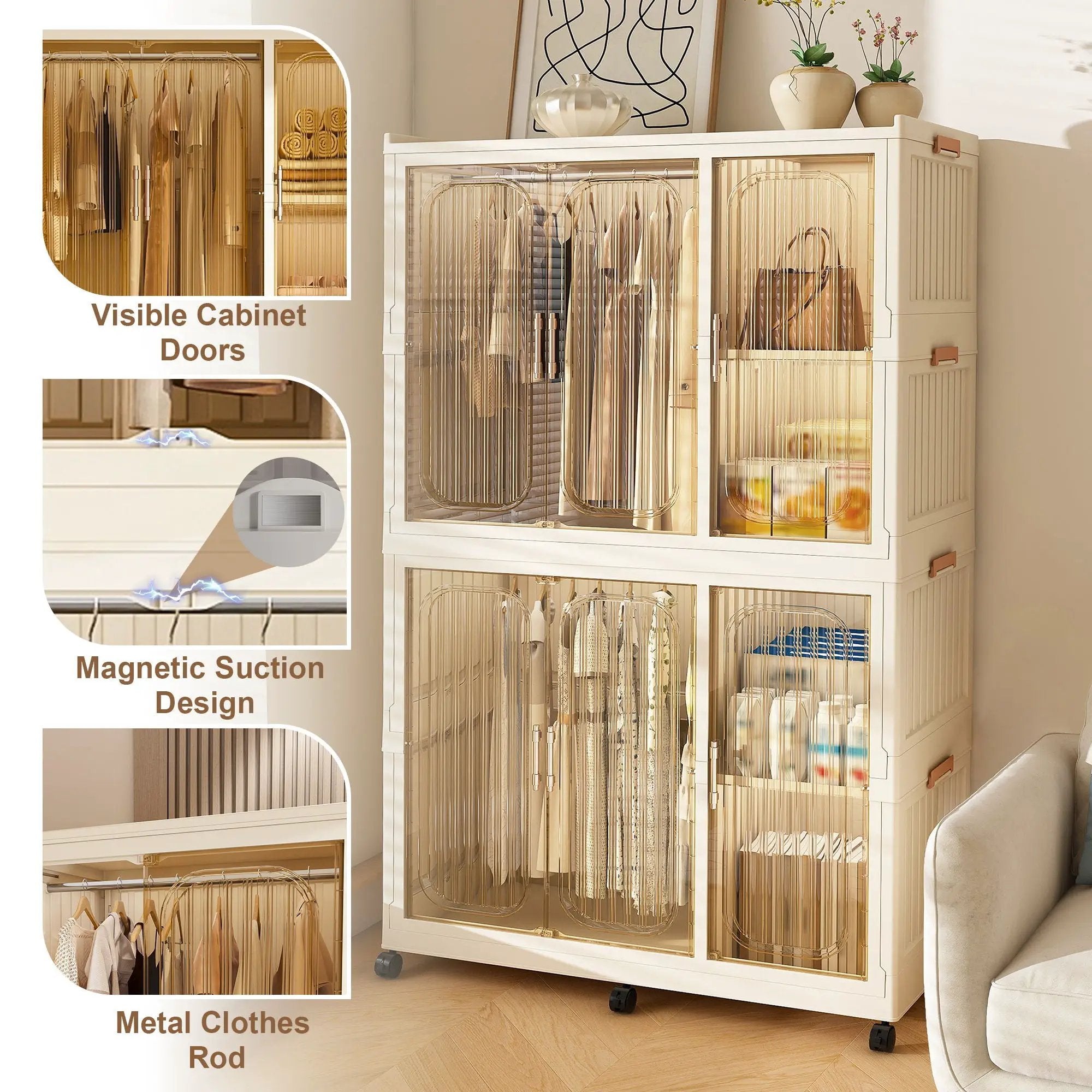 Portable Wardrobe Closet Storage Organizer For Clothes, 6 Magnetic Doors With 6 Cubes & 2 Hanging Rods, 6 Hangers - Cream White by Unique Piece Furniture