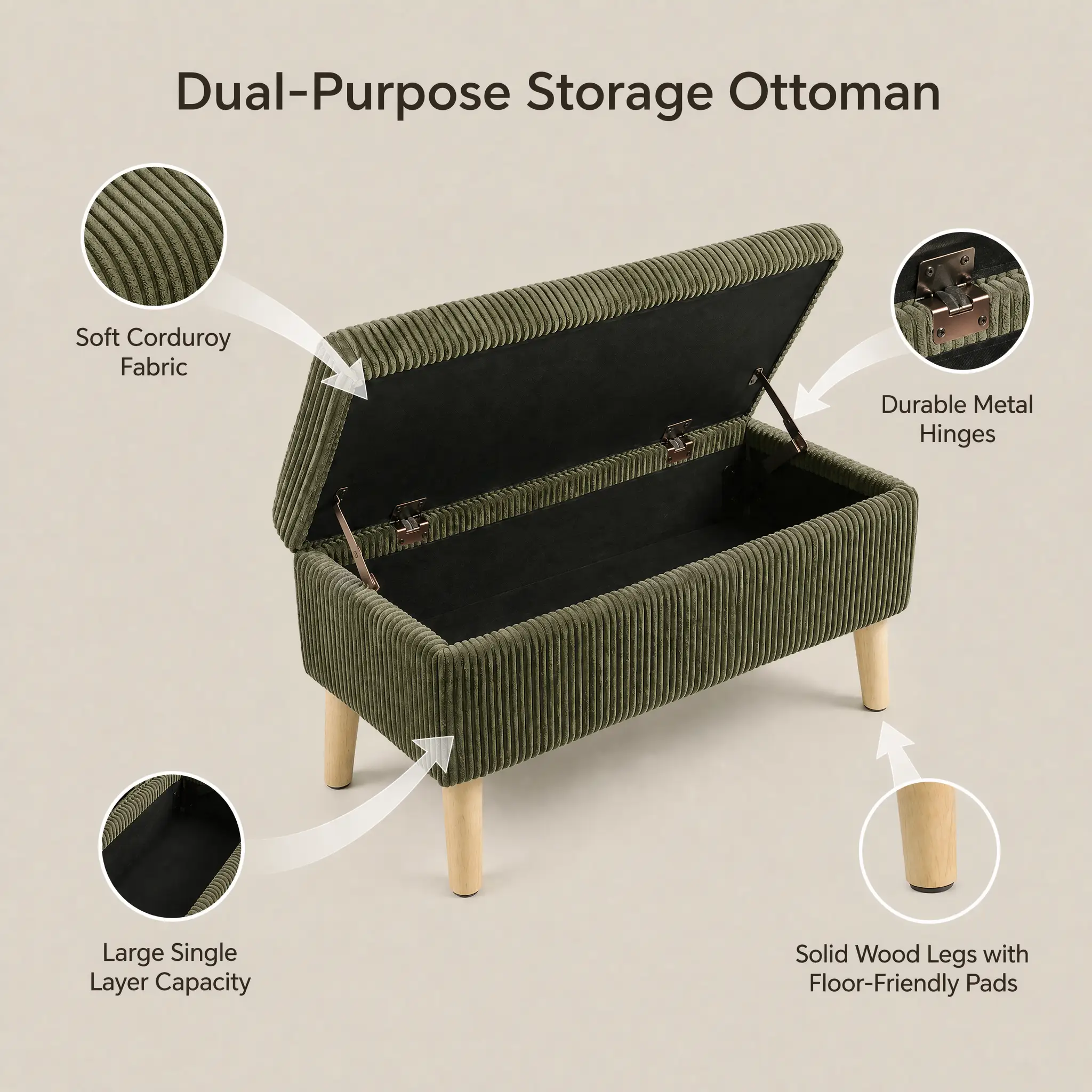 32 Inch Wide Olive Ottoman by HouseOfZazla
