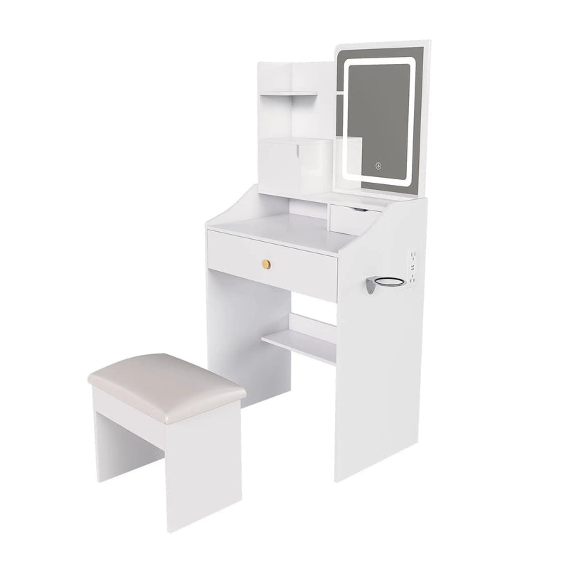 3 Color LED Vanity Mirror With Stool, Dressing Table For Bedroom, 2 Drawers & 5 Storage Cabinets (4 Open + 1 Hidden), Adjustable Lighting - White by Unique Piece Furniture