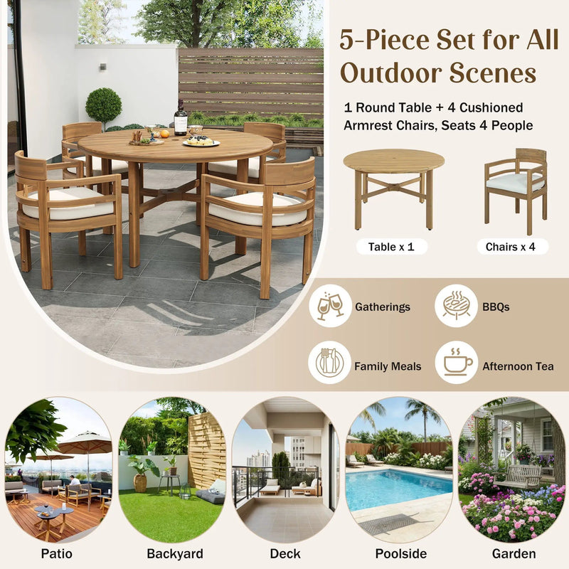 5 Piece Round Patio Table & Cushioned Armrest Chairs, Outdoor Dining Set With Umbrella Hole by HouseOfZazla