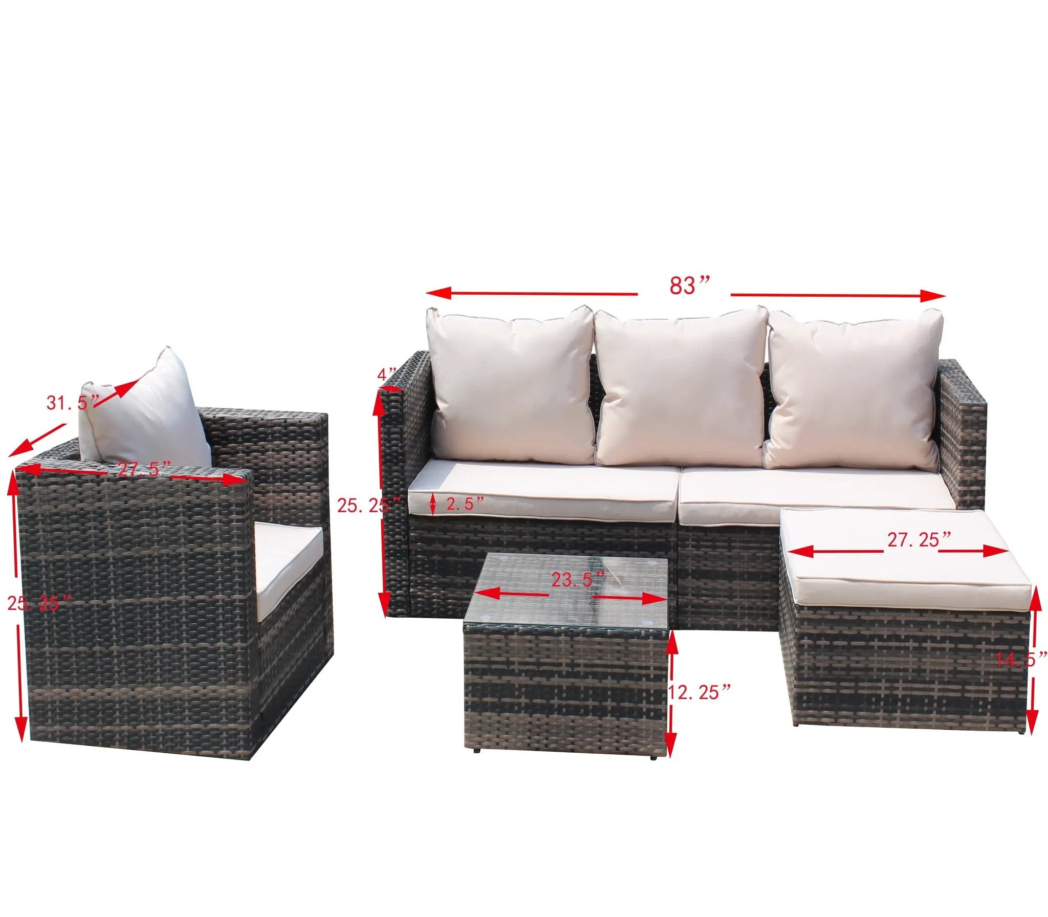 Rattan Patio Furniture Set Wicker Sofa Cushioned Sectional (4 Pieces, Brown) by HouseOfZazla