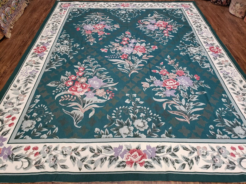 Chinese Needlepoint Rug 8x10, Vintage Green Area Rug, Hand-Woven Flatweave Floral European Design Carpet Wool Handmade 8x 10 Living Room Rug by Jewel Rugs