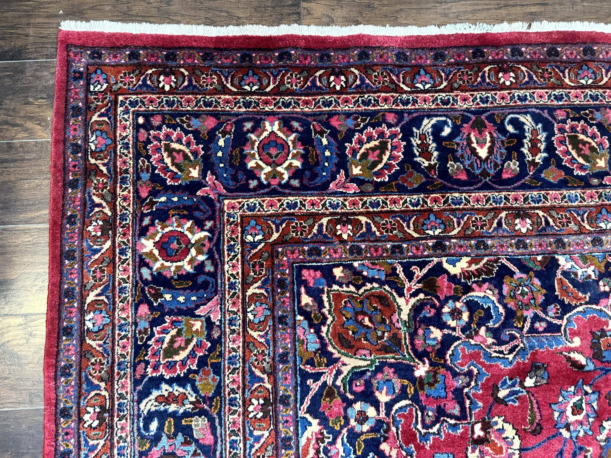 Antique Persian Mashad Rug 10x13, Red and Navy Blue, Great Colors, Signed By Masterweaver, Floral Medallion, Handmade Wool Persian Carpet by Jewel Rugs