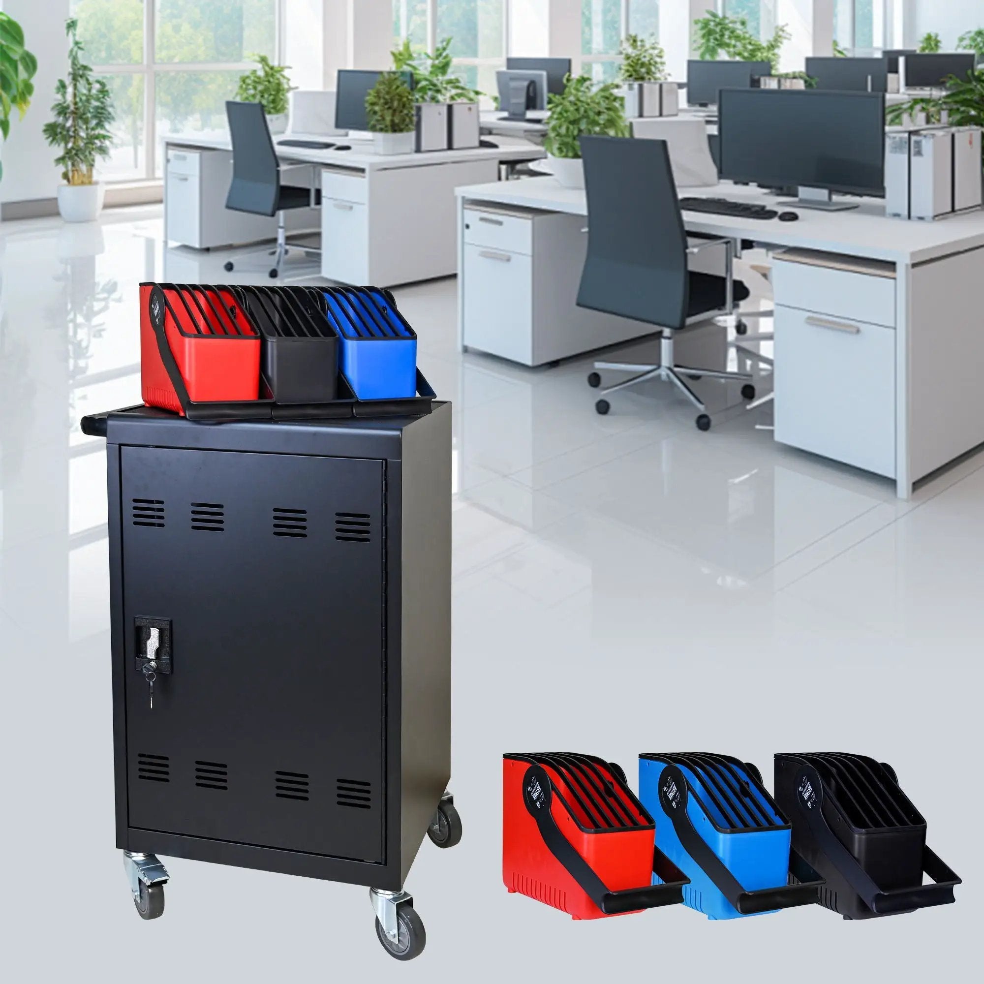 32 Bit Device Charging Trolley For Tablets And Laptops With Cable Management, Removable Doors - Matte Black by HouseOfZazla
