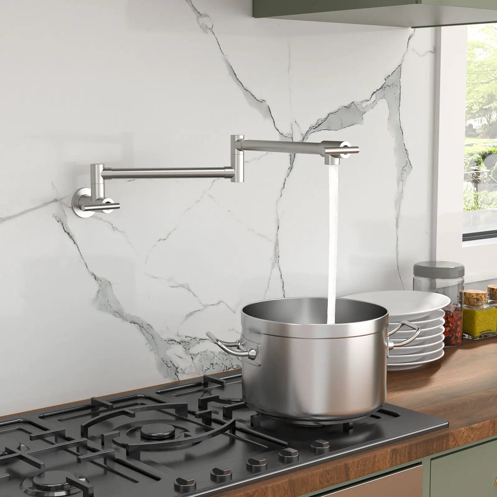 Wall Mount Pot Filler Faucet Folding Stretchable Kitchen Sink Faucet With 2 Handles - Brushed Nickel by HouseOfZazla